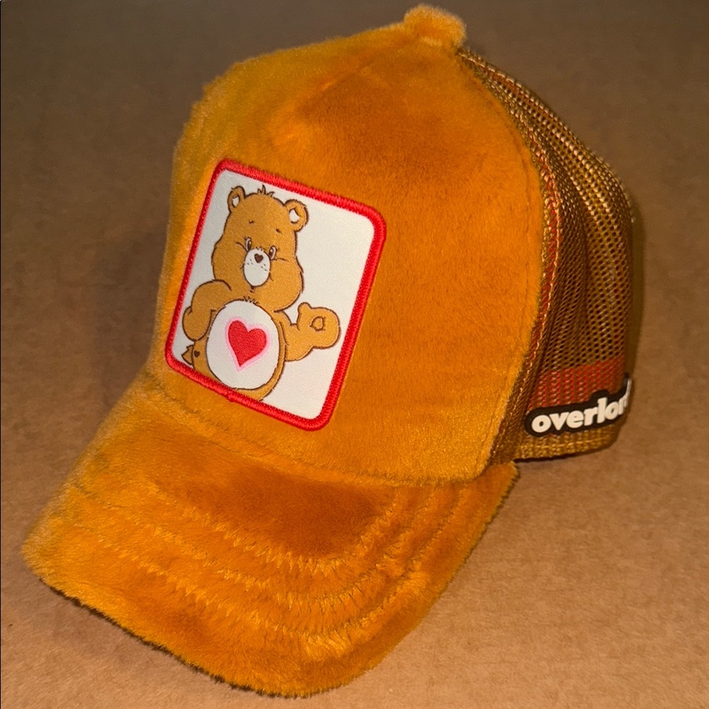 Overlord x Care Bears Tender Heart Fuzzy Brown Mesh Trucker Snapback Hat NWOT
